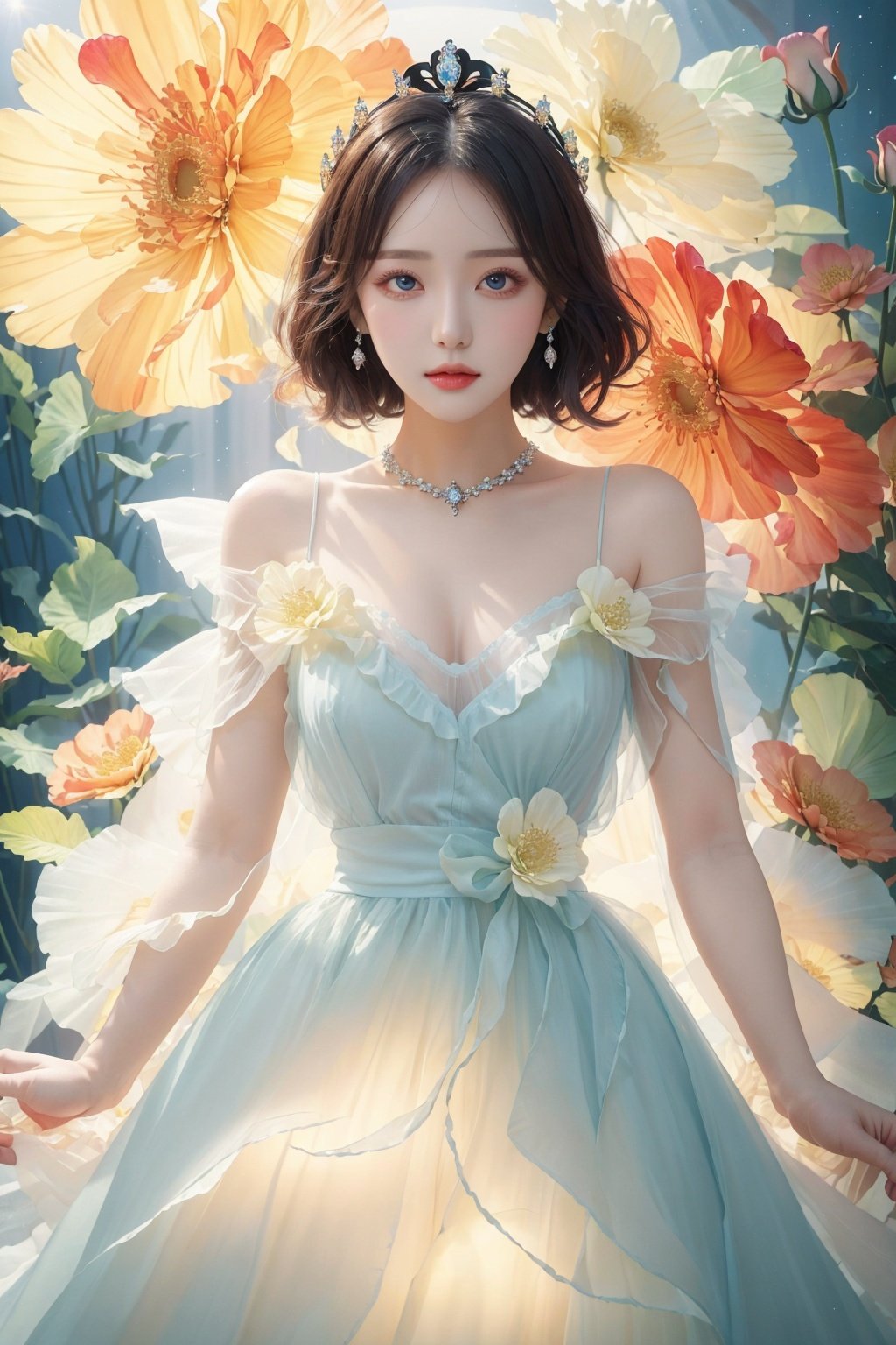  masterpiece, Gem, Luminescence, princess, Crown, Huge flowers, Flower, Flowers, Flowers, Flowers, Black dress, Medium chest, Lovely, Big eyes, anatomically correct, high details, best quality, HD, 16k, sparkling dress