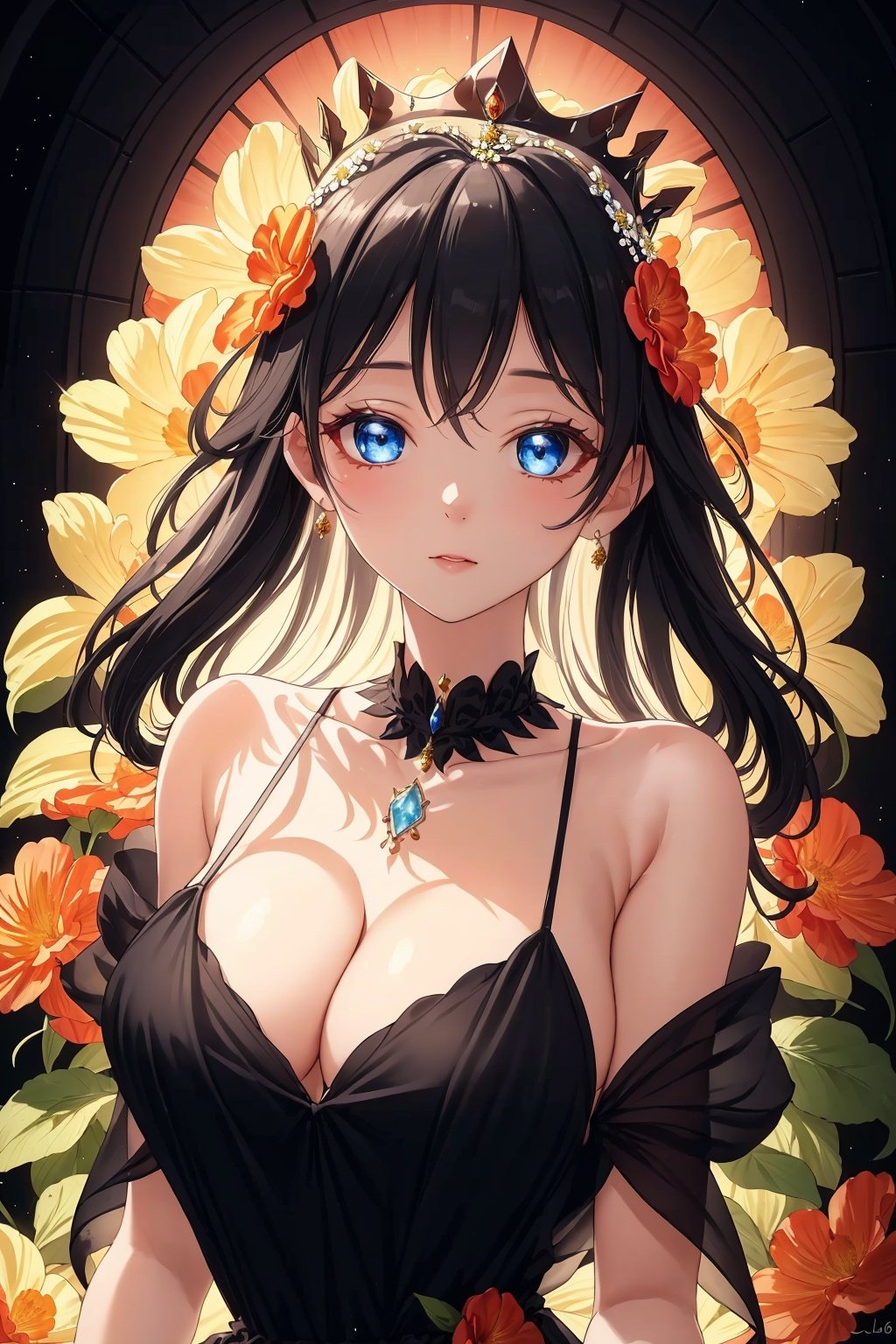  masterpiece, Gem, Luminescence, princess, Crown, Huge flowers, Flower, Flowers, Flowers, Flowers, Black dress, Medium chest, Lovely, Big eyes, anatomically correct, high details, best quality, HD, 16k