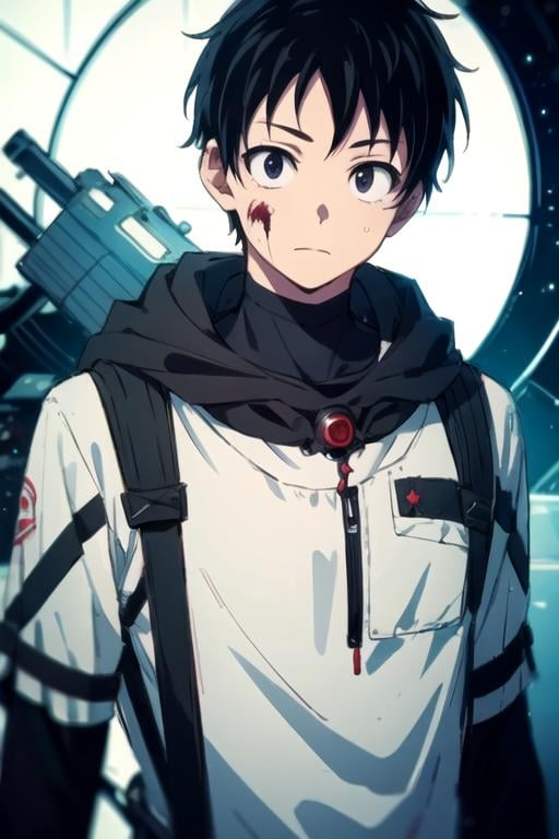 masterpiece, best quality, sketch, 1boy, solo, male focus, looking at viewer, upper body, depth of field, , , <lora:akira_tendou:0.70>, akira_tendou, black hair, black eyes, wide-eyed, zombie hunter costume, science fiction space western,