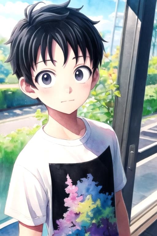 masterpiece, best quality, , 1boy, solo, male focus, looking at viewer, upper body, , (watercolor illustration, soft pastel colors:1.1), , <lora:akira_tendou:0.72>, akira_tendou, black hair, black eyes, wide-eyed, t-shirt dress, , science fiction time travel,