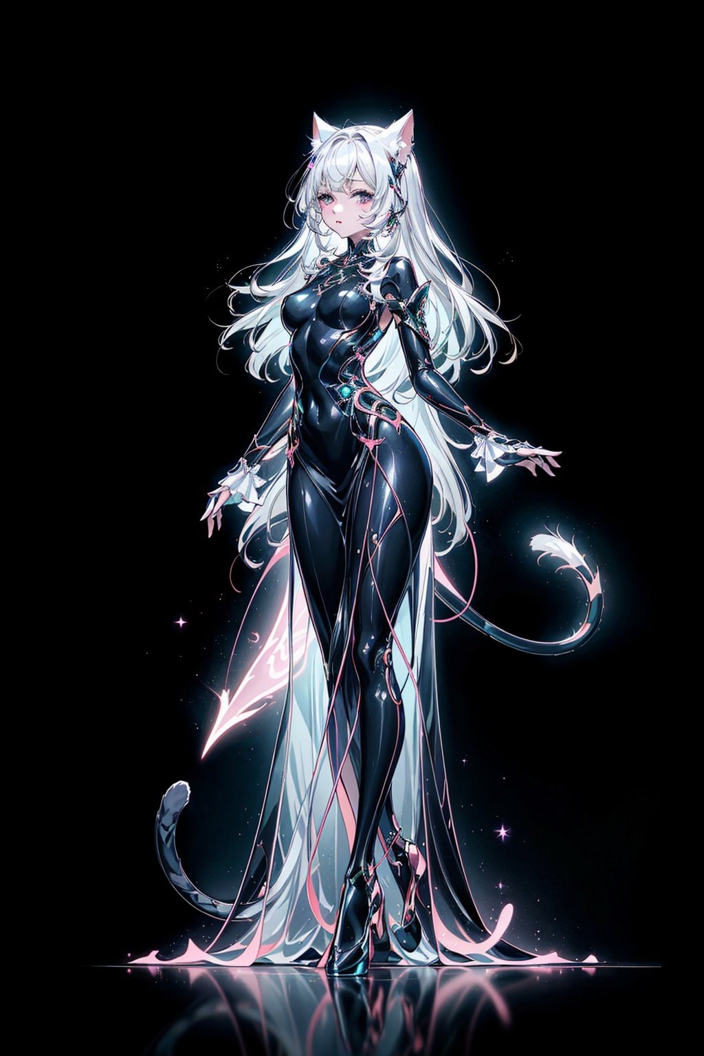  Best quality,8k,cg,Cat Girl Formed by Light,on black,in dress,luminescence,long hair