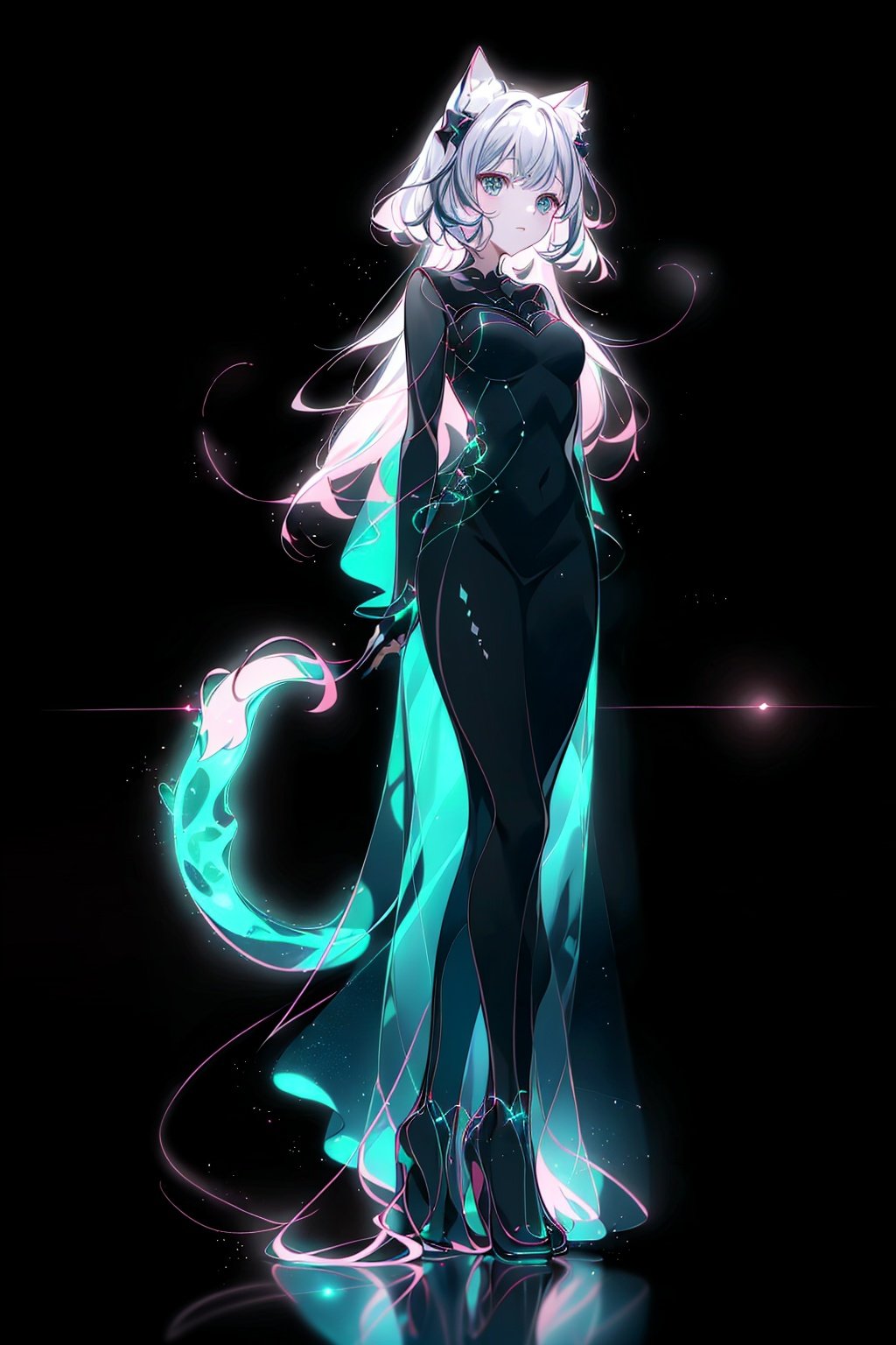  Best quality,8k,cg,Light Shadow Cat Girl,on black,in dress,luminescence,long hair