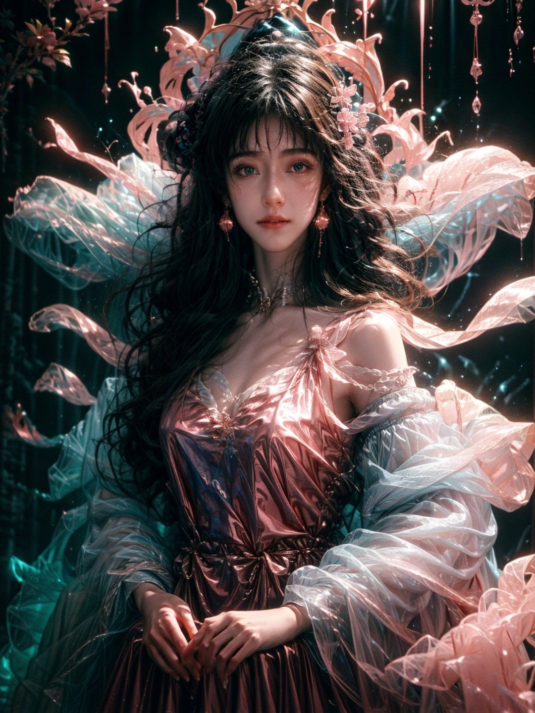  masterpiece,best quality,8k,insane details,intricate details,hyper quality,high detail,ultra detailed,realistic,1girl,long hair,jewelry,looking at viewer,dress,hair ornament,black dress,bracelet,bare shoulders,full body,tail,pink flower,black hair,solo,looking at viewer,earrings,black background,lips,wavy hair,glowing,detached sleeves,closed mouth,beads,makeup,long sleeves,EpicSky, huansha,neon_dress, cute girl