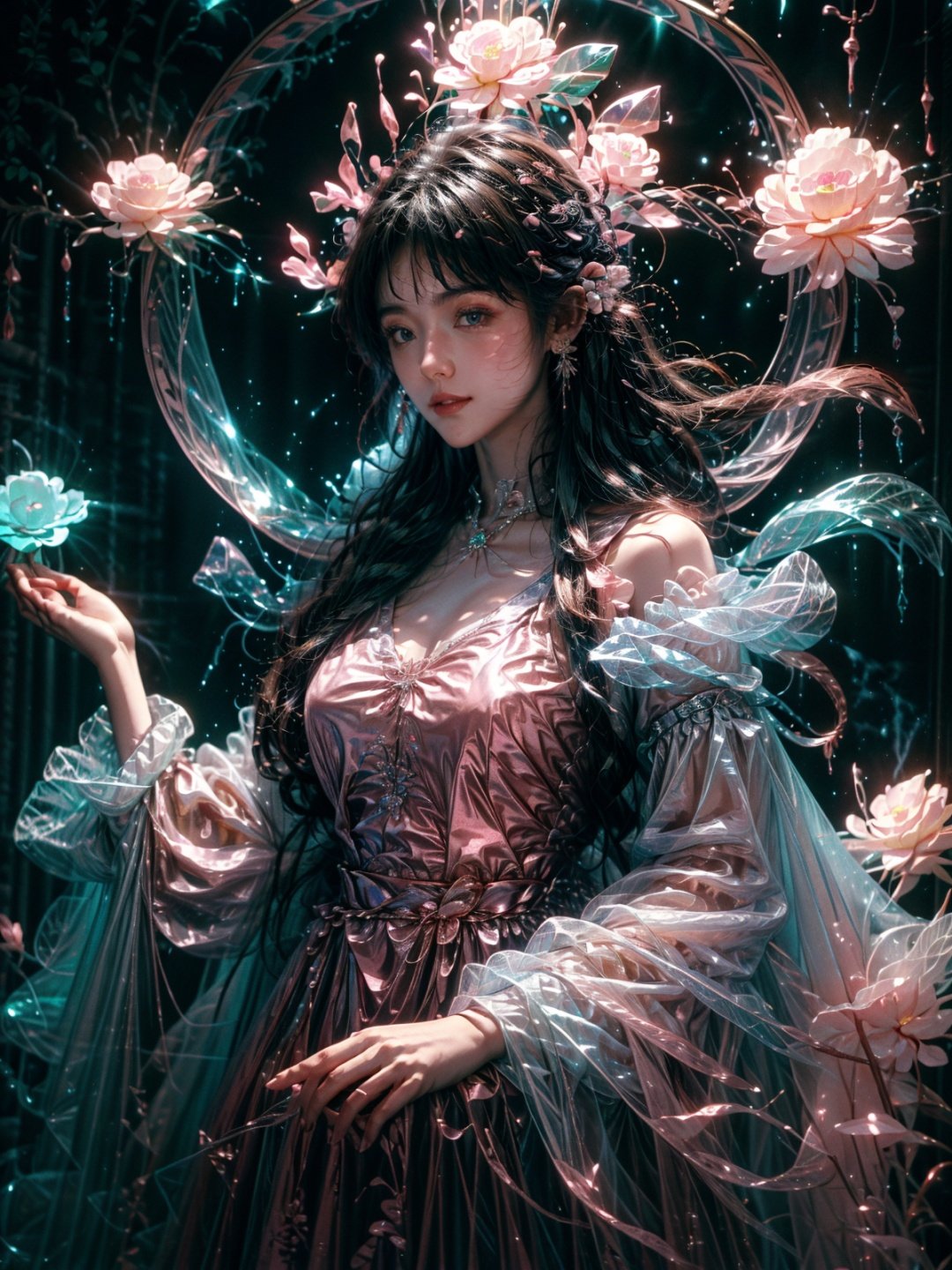  masterpiece,best quality,8k,insane details,intricate details,hyper quality,high detail,ultra detailed,realistic,1girl,long hair,jewelry,looking at viewer,dress,hair ornament,black dress,bracelet,bare shoulders,full body,tail,pink flower,black hair,solo,looking at viewer,earrings,black background,lips,wavy hair,glowing,detached sleeves,closed mouth,beads,makeup,long sleeves,EpicSky, huansha,neon_dress, cute girl,colorful,