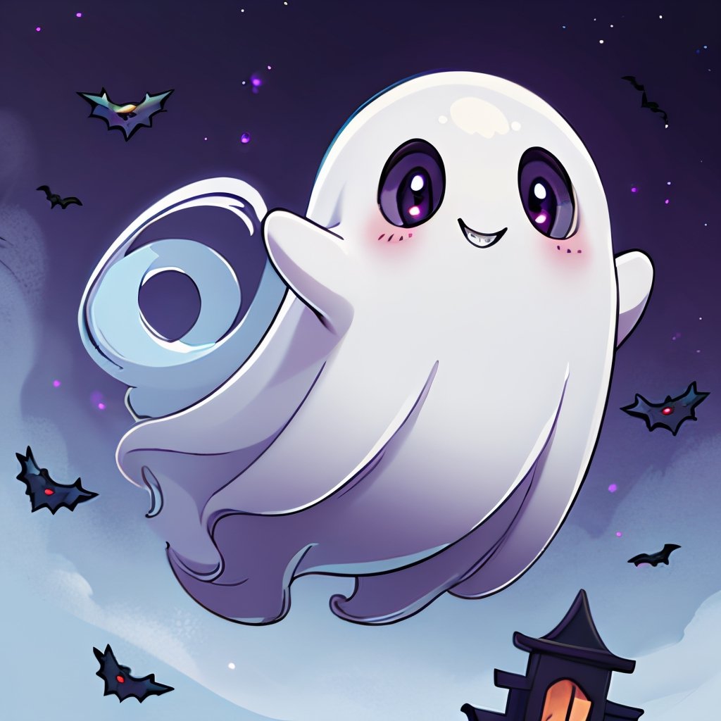 ((masterpiece,best quality)), absurdres,, Cute_Ghost, no humans, solo, ghost, floating, halloween, pokemon (creature), cute, solo, smiling, looking at viewer,purple theme, graveyard in background, 