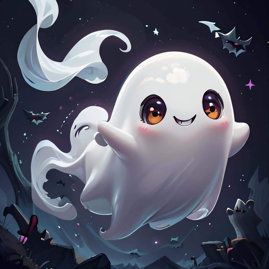 ((masterpiece,best quality)), absurdres,, Cute_Ghost, no humans, solo, ghost, floating, halloween, pokemon (creature), cute, solo, smiling, looking at viewer,purple theme, graveyard in background, 