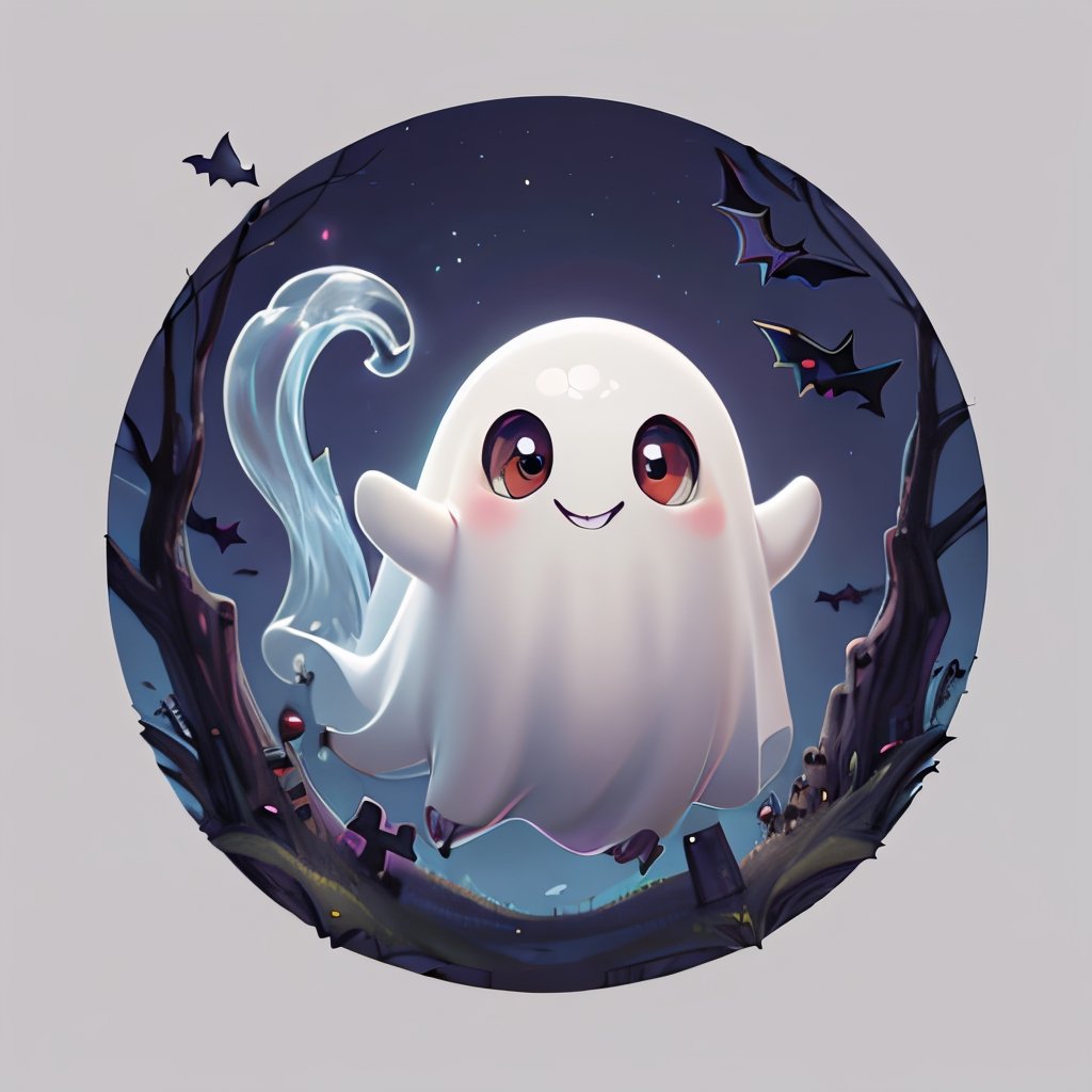 ((masterpiece,best quality)), absurdres,, Cute_Ghost, no humans, solo, ghost, floating, halloween, pokemon (creature), cute, solo, smiling, looking at viewer,purple theme, graveyard in background, 