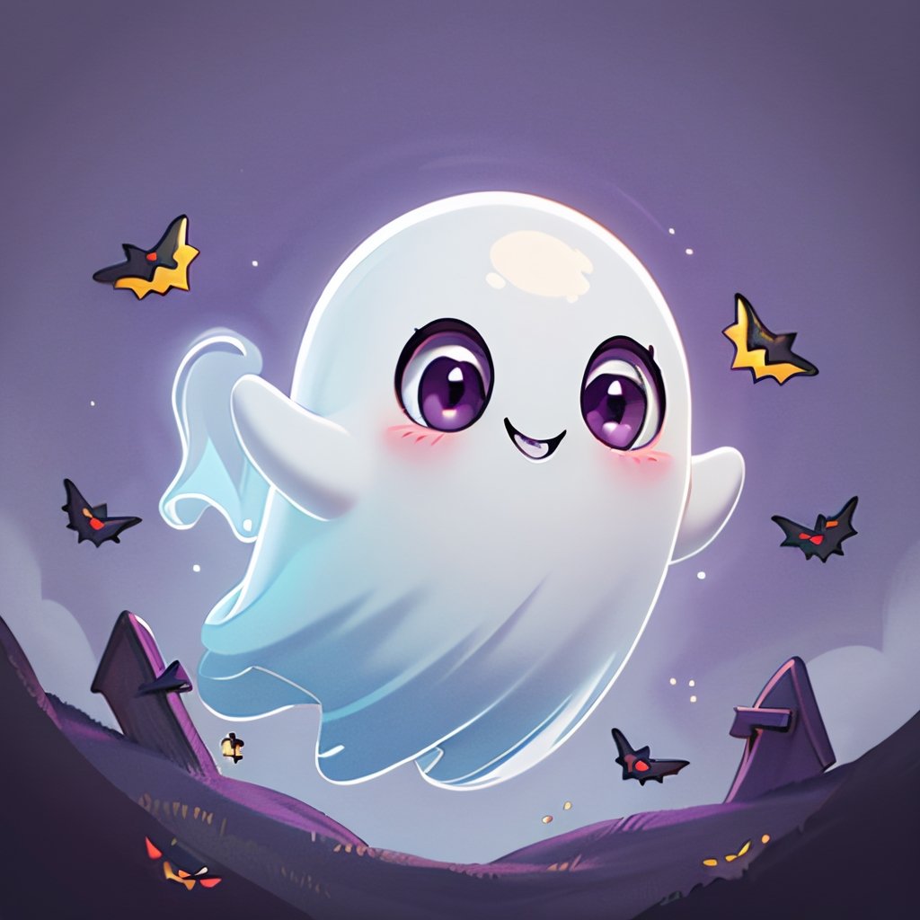 ((masterpiece,best quality)), absurdres,, Cute_Ghost, no humans, solo, ghost, floating, halloween, pokemon (creature), cute, solo, smiling, looking at viewer,purple theme, graveyard in background, 