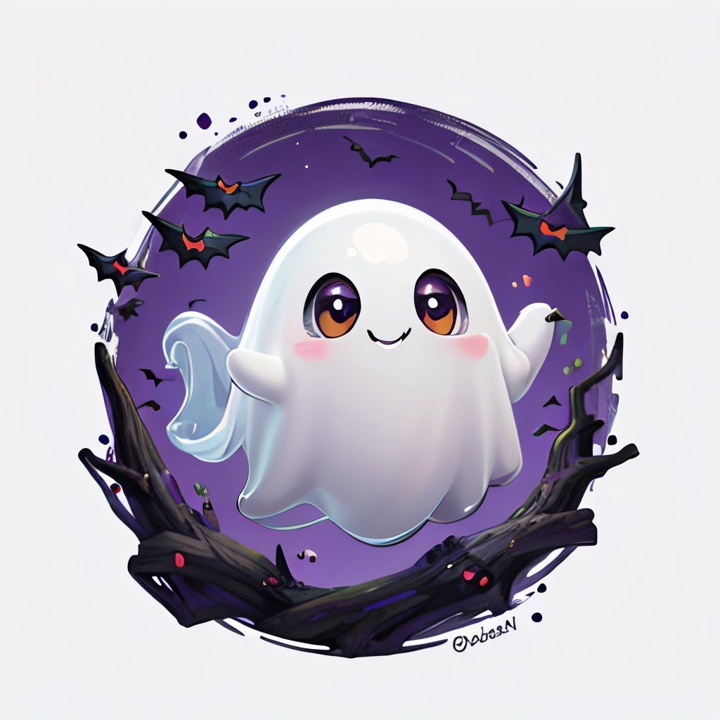 ((masterpiece,best quality)), absurdres,, Cute_Ghost, no humans, solo, ghost, floating, halloween, pokemon (creature), cute, solo, smiling, looking at viewer,purple theme, graveyard in background, 