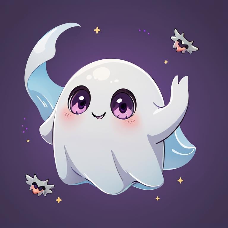 ((masterpiece,best quality)), absurdres,<lora:Cute_Ghost_Anime:1>, Cute_Ghost, no humans, solo, ghost, floating, halloween, pokemon (creature), cute, solo, smiling, looking at viewer,purple theme, graveyard in background, 