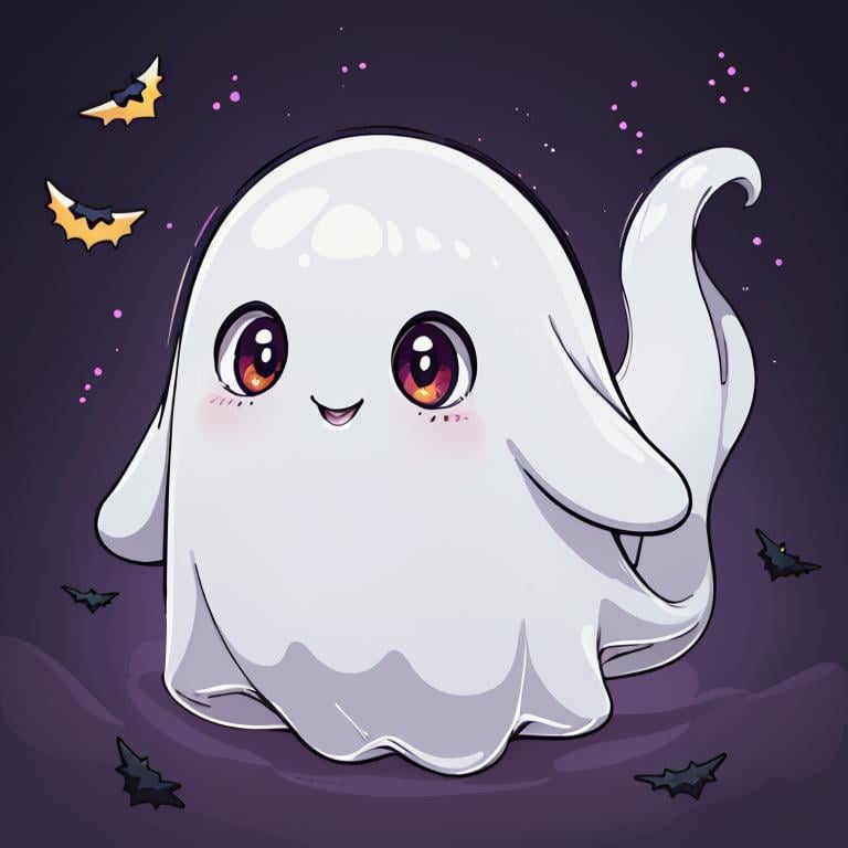 ((masterpiece,best quality)), absurdres,<lora:Cute_Ghost_Anime:1>, Cute_Ghost, no humans, solo, ghost, floating, halloween, pokemon (creature), cute, solo, smiling, looking at viewer,purple theme, graveyard in background, 