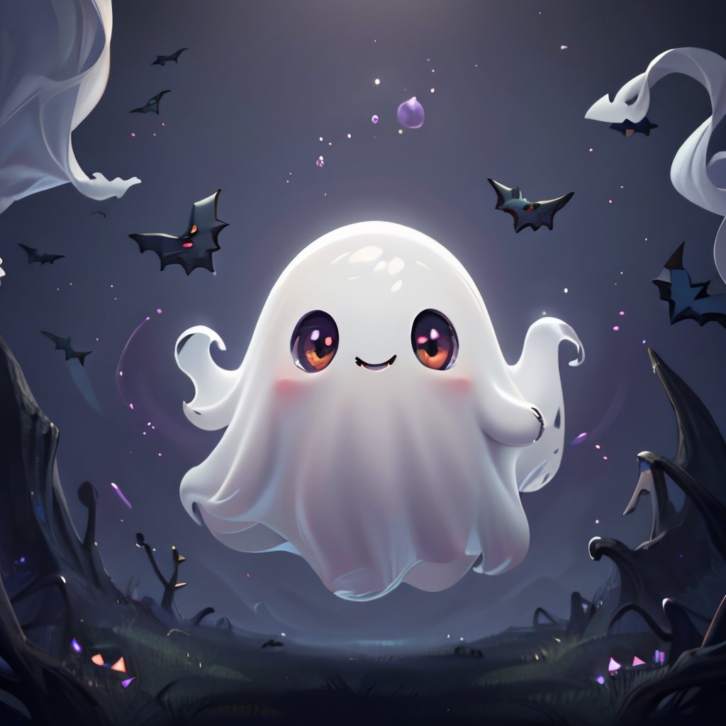 ((masterpiece,best quality)), absurdres,, Cute_Ghost, no humans, solo, ghost, floating, halloween, pokemon (creature), cute, solo, smiling, looking at viewer,purple theme, graveyard in background, 