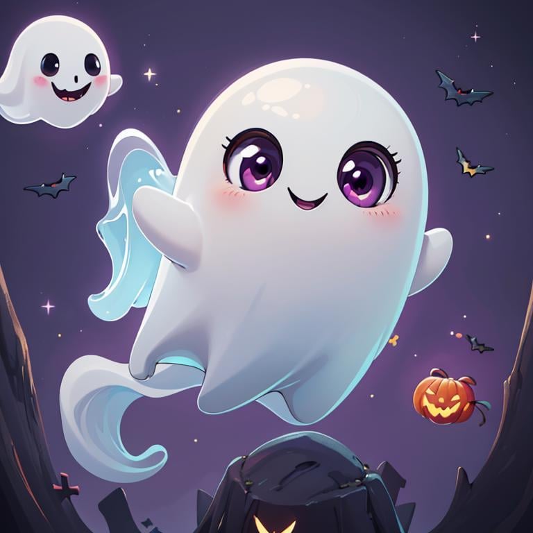 ((masterpiece,best quality)), absurdres,<lora:Cute_Ghost_Anime:1>, Cute_Ghost, no humans, solo, ghost, floating, halloween, pokemon (creature), cute, solo, smiling, looking at viewer,purple theme, graveyard in background, 