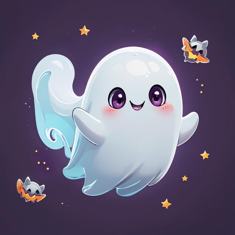 ((masterpiece,best quality)), absurdres,<lora:Cute_Ghost_Anime:1>, Cute_Ghost, no humans, solo, ghost, floating, halloween, pokemon (creature), cute, solo, smiling, looking at viewer,purple theme, graveyard in background, 