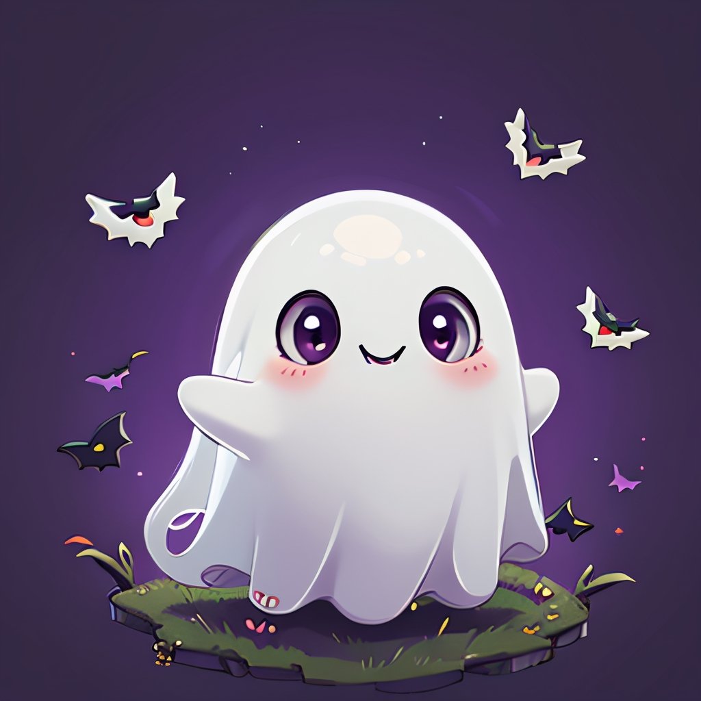 ((masterpiece,best quality)), absurdres,, Cute_Ghost, no humans, solo, ghost, floating, halloween, pokemon (creature), cute, solo, smiling, looking at viewer,purple theme, graveyard in background, 