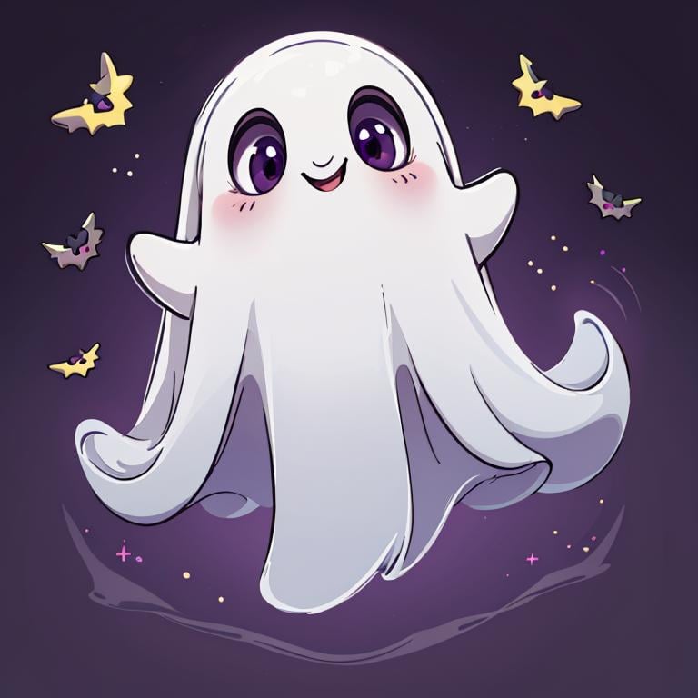 ((masterpiece,best quality)), absurdres,<lora:Cute_Ghost_Anime:1>, Cute_Ghost, no humans, solo, ghost, floating, halloween, pokemon (creature), cute, solo, smiling, looking at viewer,purple theme, graveyard in background, 