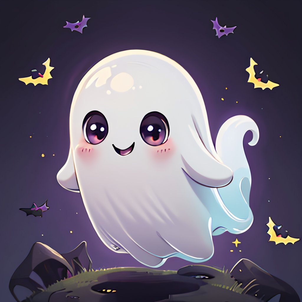 ((masterpiece,best quality)), absurdres,, Cute_Ghost, no humans, solo, ghost, floating, halloween, pokemon (creature), cute, solo, smiling, looking at viewer,purple theme, graveyard in background, 