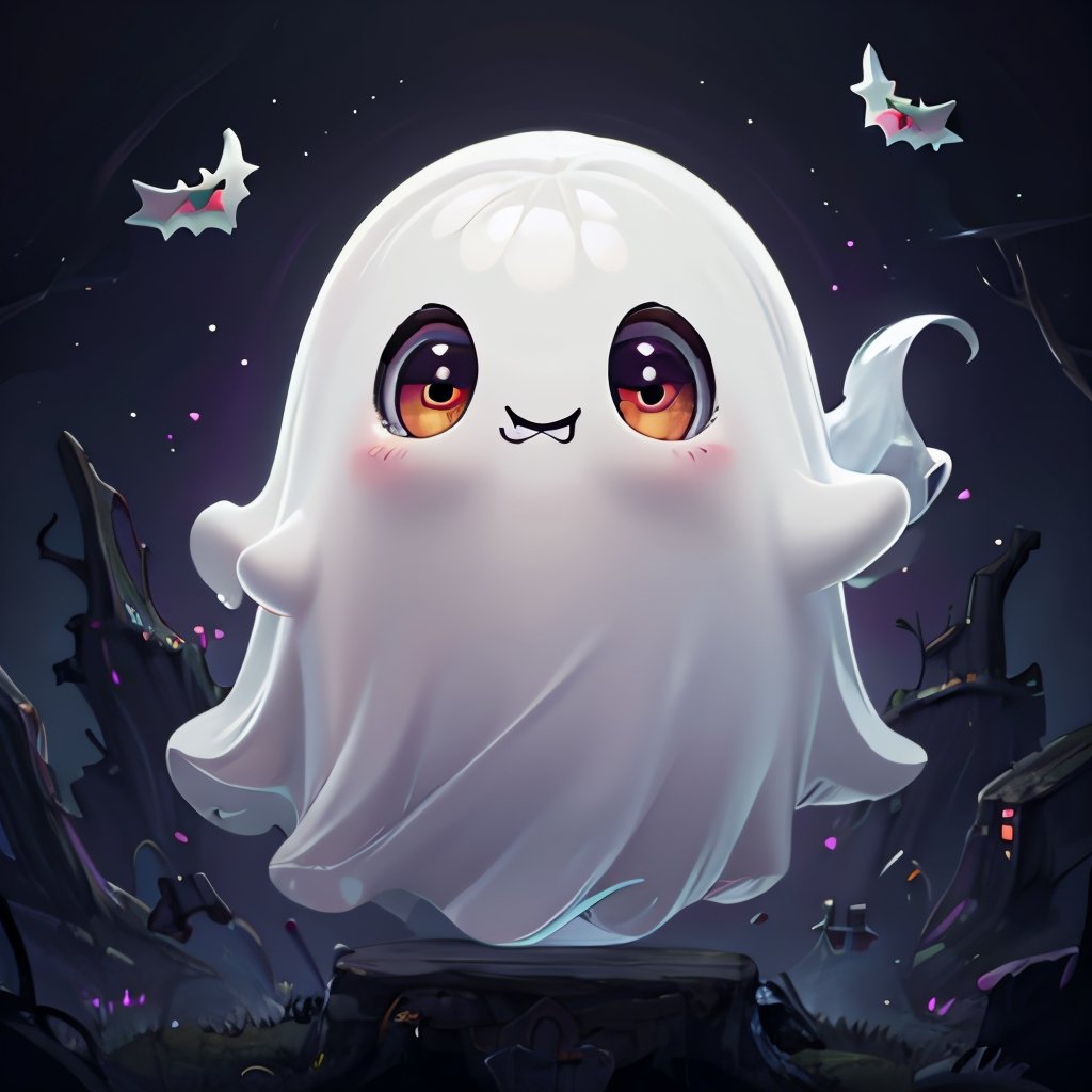 ((masterpiece,best quality)), absurdres,, Cute_Ghost, no humans, solo, ghost, floating, halloween, pokemon (creature), cute, solo, smiling, looking at viewer,purple theme, graveyard in background, 