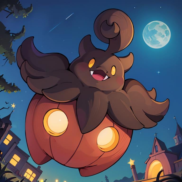 ((masterpiece,best quality)), absurdres,<lora:Pumpkaboo_Pokemon_Anime:0.8>, Pumpkaboo_Pokemon, no humans, pokemon \(creature\), ,solo, smiling, looking at viewer,night sky,