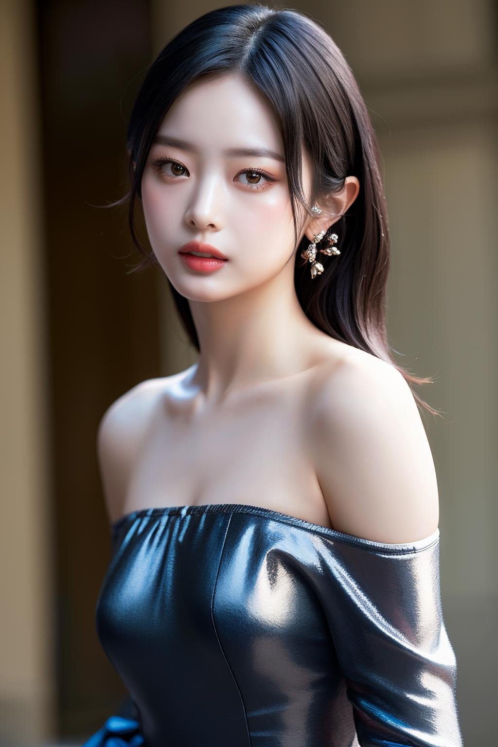 Best quality, masterpiece, ultra high res, (photorealistic:1.4), raw photo,1girl, solo, realistic, looking at viewer, close-up,simple background, black dress, off shoulder