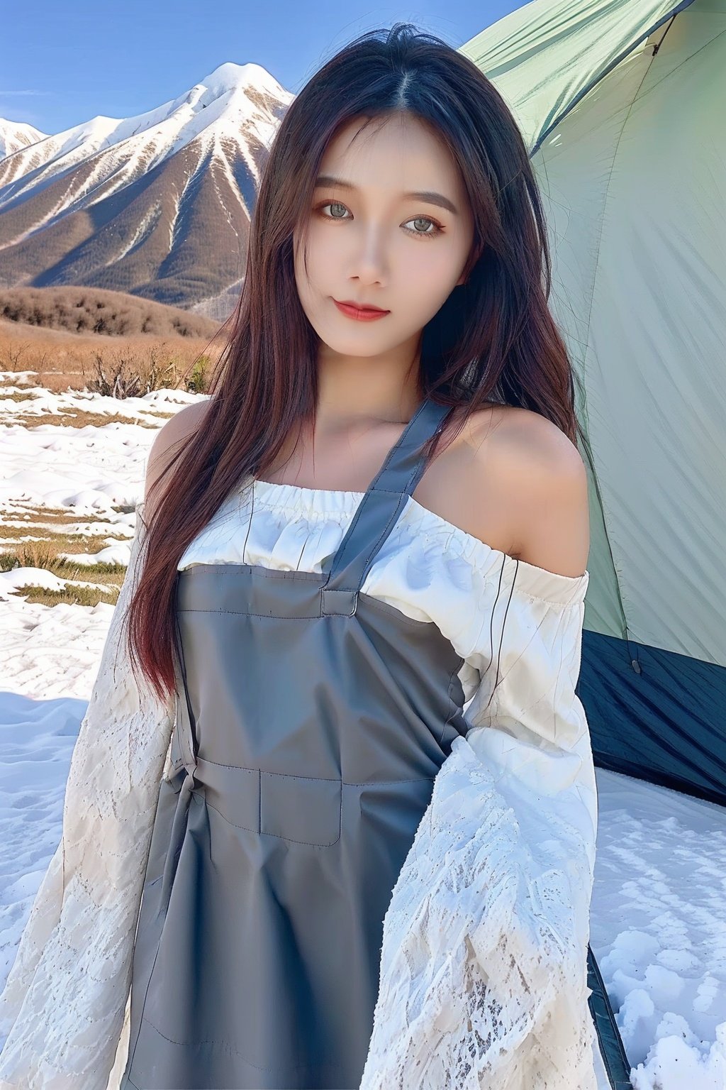 z-xmin,a girl,(cowboy_shot:1.2),(camping outdoors:1.3),(in a meadow:1.1),(snow mountain in the distance:1.3),(wearing a suspender dress:1.2),(off shoulder:1.3),<lora:zxm头像lora_v1.9:0.8>,