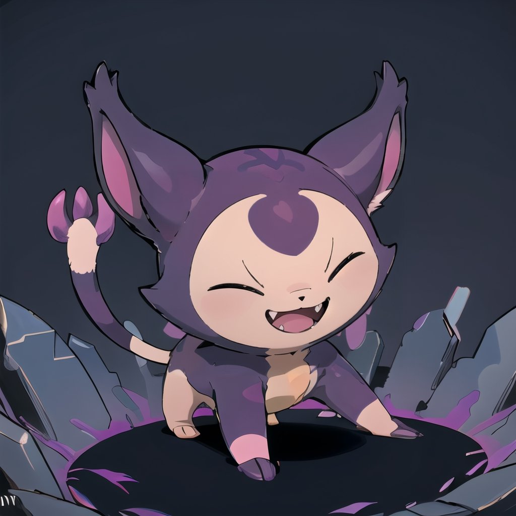 ((masterpiece,best quality)), absurdres,, Shadow_Skitty_Pokemon, solo, pokemon (creature), no humans, closed eyes, fangs, animal focus, cat, solo, smiling, looking at viewer,purple theme, graveyard in background,