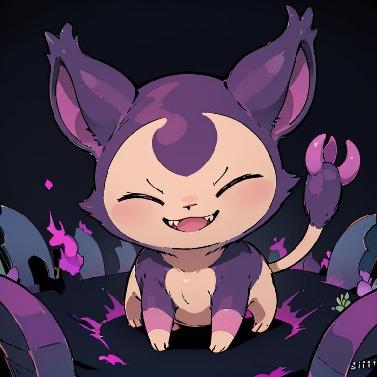 ((masterpiece,best quality)), absurdres,<lora:Shadow_Skitty_Pokemon_Anime_Dim32:0.8>, Shadow_Skitty_Pokemon, solo, pokemon (creature), no humans, closed eyes, fangs, animal focus, cat, solo, smiling, looking at viewer,purple theme, graveyard in background,