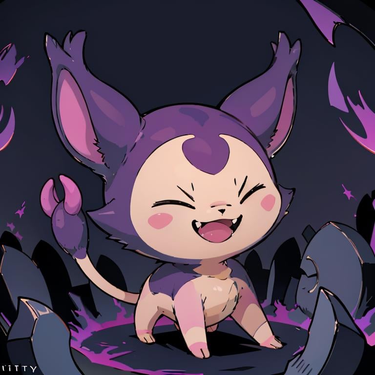 ((masterpiece,best quality)), absurdres,<lora:Shadow_Skitty_Pokemon_Anime_Dim32:0.8>, Shadow_Skitty_Pokemon, solo, pokemon (creature), no humans, closed eyes, fangs, animal focus, cat, solo, smiling, looking at viewer,purple theme, graveyard in background,