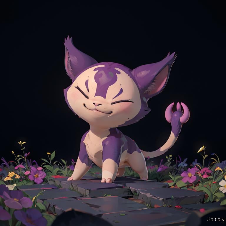 ((masterpiece,best quality)), <lora:Shadow_Skitty_Pokemon_Anime_Dim32:0.7>, Shadow_Skitty_Pokemon, solo, pokemon (creature), no humans, closed eyes, fangs, animal focus, cat, solo, smiling, looking at viewer,| purple theme, graveyard in background,| bokeh, depth of field, cinematic composition, | 