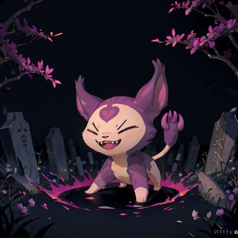 ((masterpiece,best quality)), absurdres,<lora:Shadow_Skitty_Pokemon_Anime_Dim32:0.8>, Shadow_Skitty_Pokemon, solo, pokemon (creature), no humans, closed eyes, fangs, animal focus, cat, solo, smiling, looking at viewer,purple theme, graveyard in background,