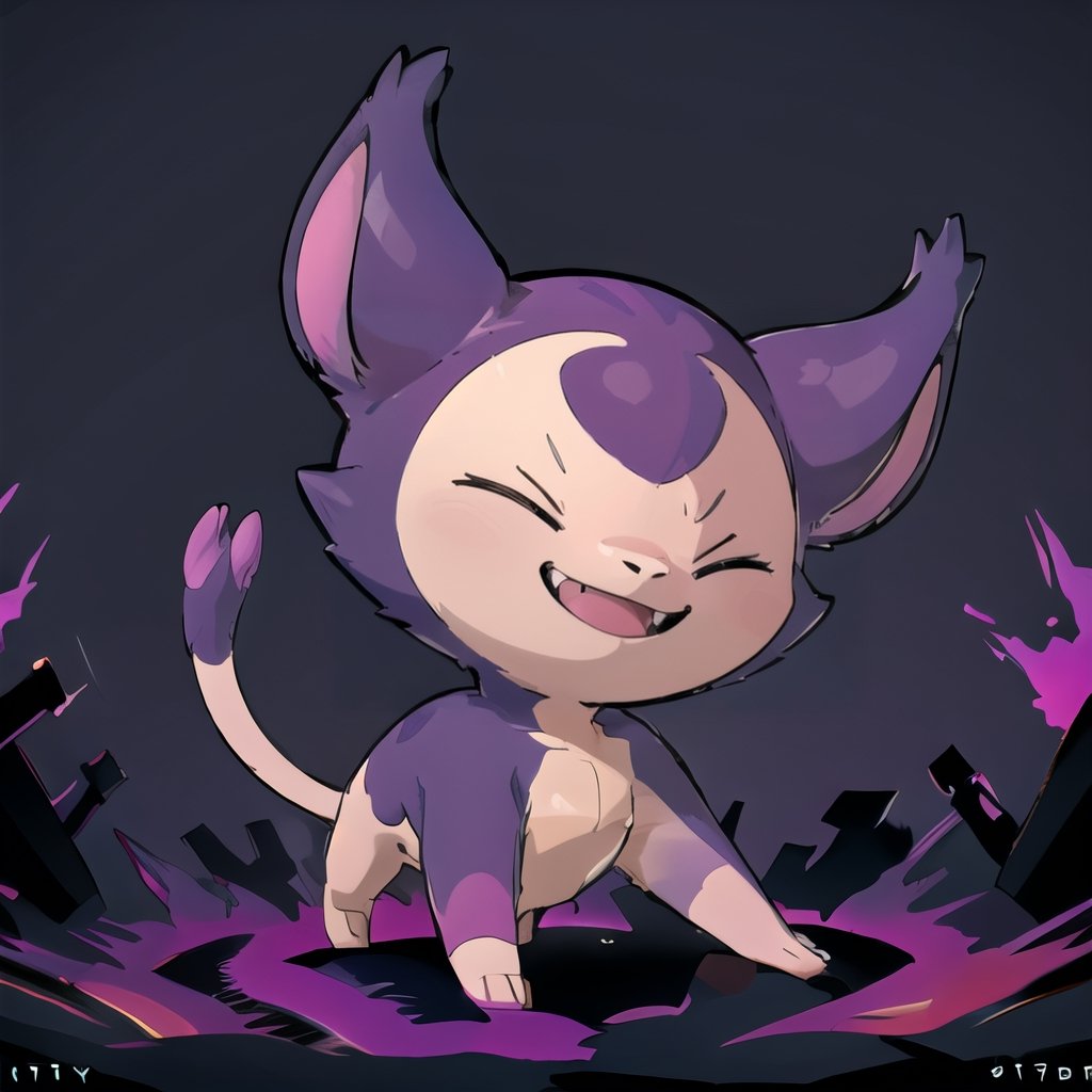 ((masterpiece,best quality)), absurdres,, Shadow_Skitty_Pokemon, solo, pokemon (creature), no humans, closed eyes, fangs, animal focus, cat, solo, smiling, looking at viewer,purple theme, graveyard in background,