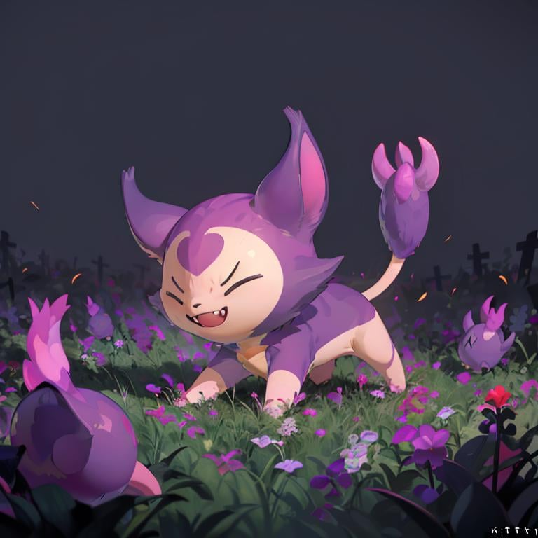 ((masterpiece,best quality)), absurdres,<lora:Shadow_Skitty_Pokemon_Anime_Dim32:0.8>, Shadow_Skitty_Pokemon, solo, pokemon (creature), no humans, closed eyes, fangs, animal focus, cat, solo, smiling, looking at viewer,purple theme, graveyard in background,