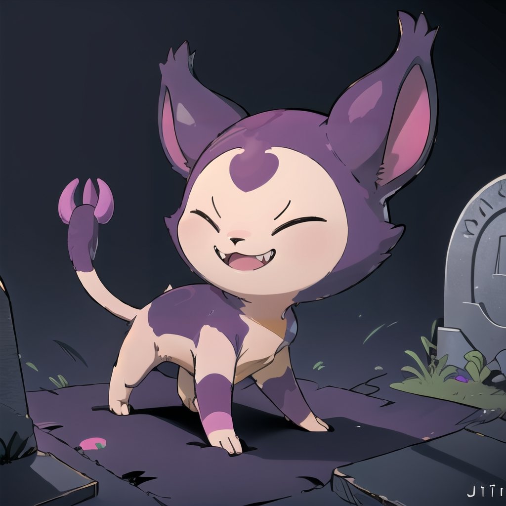 ((masterpiece,best quality)), absurdres,, Shadow_Skitty_Pokemon, solo, pokemon (creature), no humans, closed eyes, fangs, animal focus, cat, solo, smiling, looking at viewer,purple theme, graveyard in background,