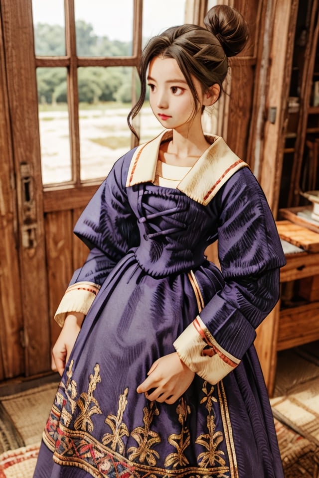 1girl, black hair, hair bun, traditional clothes