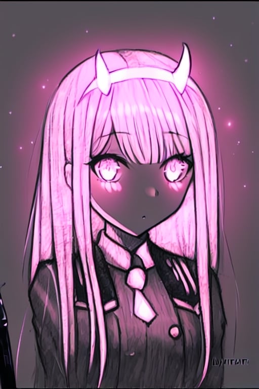 1girl, soft lights, drawing, monochrome, sketchbook, light pink lighting, chibi, cute, upper body, glowing eyes, glowing hair, zero two, Glow_art, ((soft lighting))