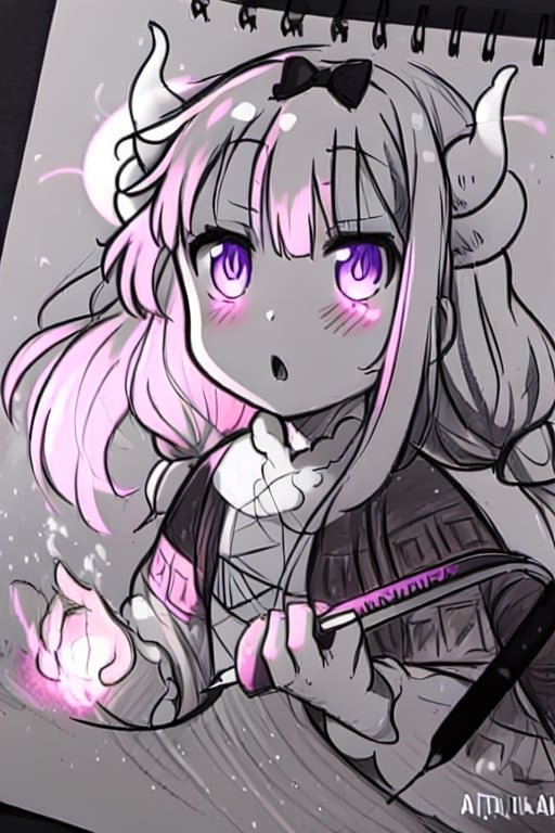 Glow_art, glowing hair, sketch, drawing, sketchbook, glowing eyes, neutral face, glowing horns, Kanna Kamui,