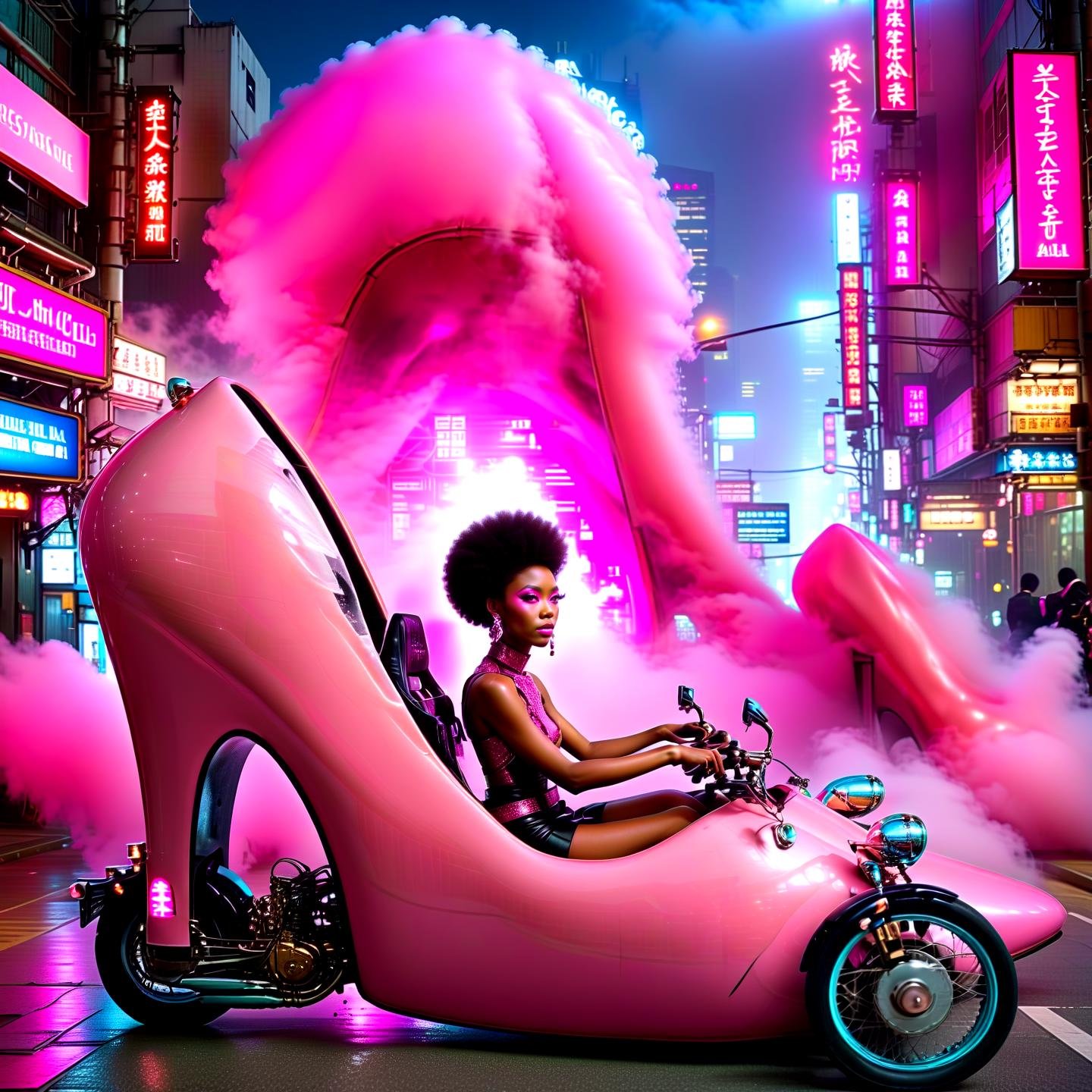 Haute Couture Fashion 1girl african driving a pink (hhc:1.15), sit inside, high heel, japanese cyberpunk city, masterpice, 8k, fog, glitterbomb, afro, neon lights,,, Haute Couture Fashion, often for custom-fitted clothing, luxurious materials, or high-end design.