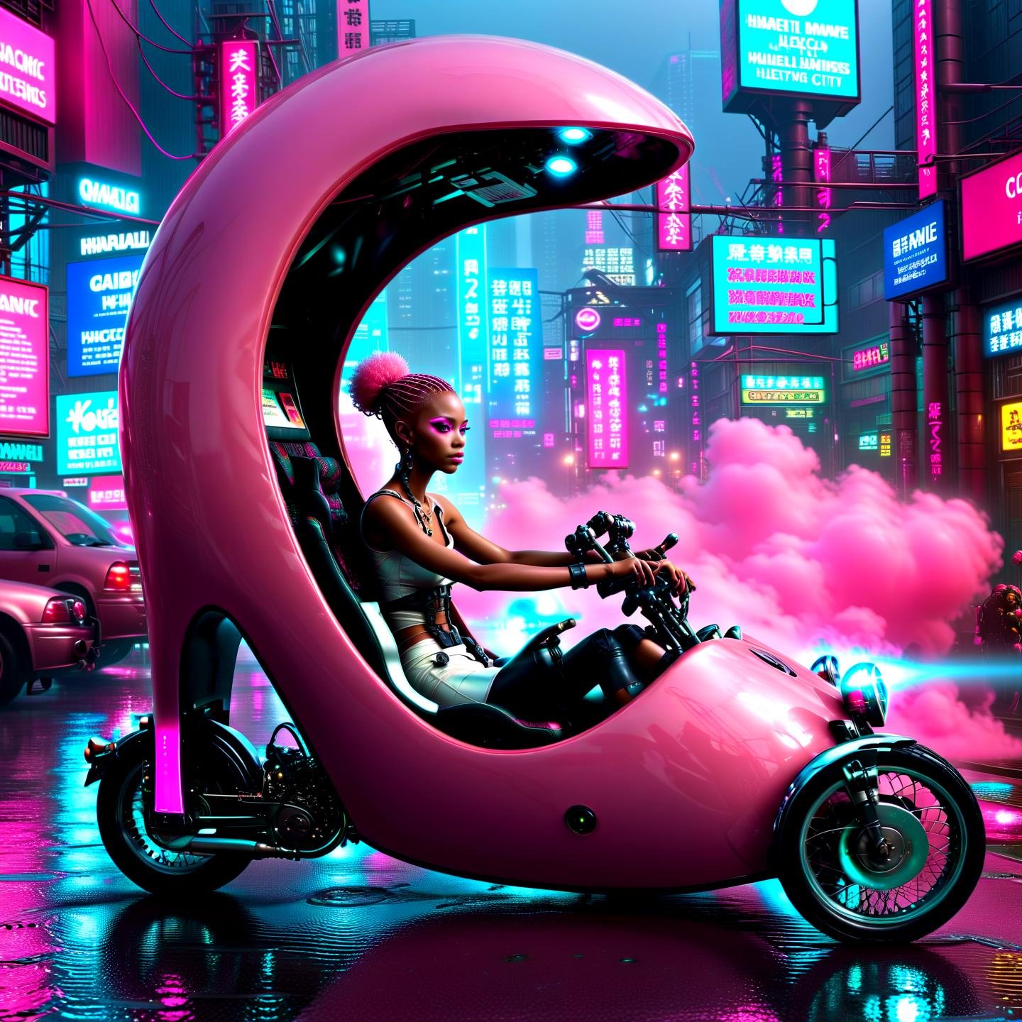 biomechanical cyberpunk cyberpunk style,1girl african (alien:1.05) (android:1.05) driving a pink (hhc:1.15), sit inside, high heel, japanese cyberpunk city, masterpice, 8k, fog, glitterbomb,rain, water, (mechanical arm:1.05), afro, hy h.r. giger, neon lights,, . cybernetics, human-machine fusion, dystopian, organic meets artificial, dark, intricate, highly detailed