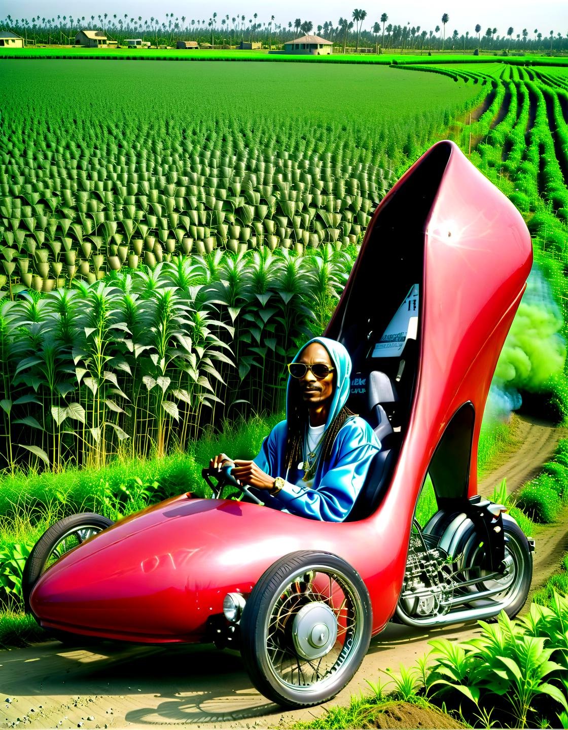 Photorealism (snoop dog:1.1) the rapper driving a blue (hhc:1.15),high heel car, bling bling, next to a field of weed, ganja, in jamaica,,, Photorealism, often for highly detailed representation, photographic accuracy, or visual illusion.