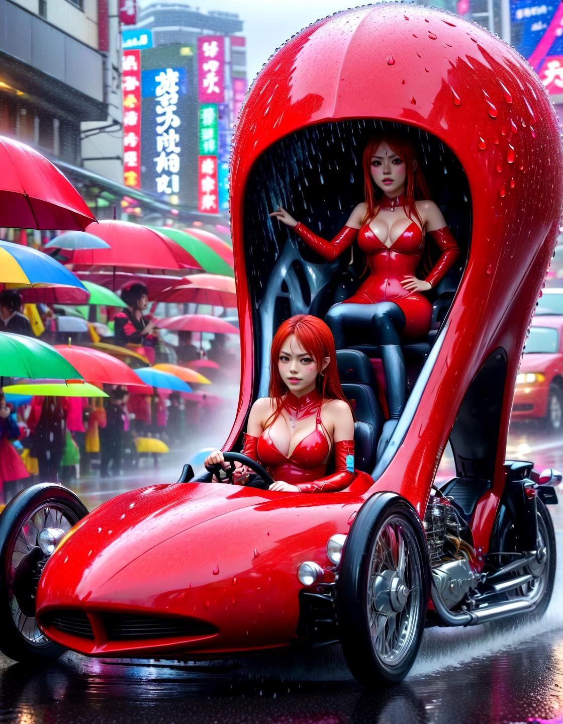 Ankama vivid animation style Erza Scarlet and Asuna driving together a black hhc,car, in tokio, masterpice, 8k, fog, glitterbomb,boobs, latex catsuit,red rainjacket, rain, waterdrops, thunderstorm,,. Vibrant colors, expansive storyworlds, stylized characters, flowing motion
