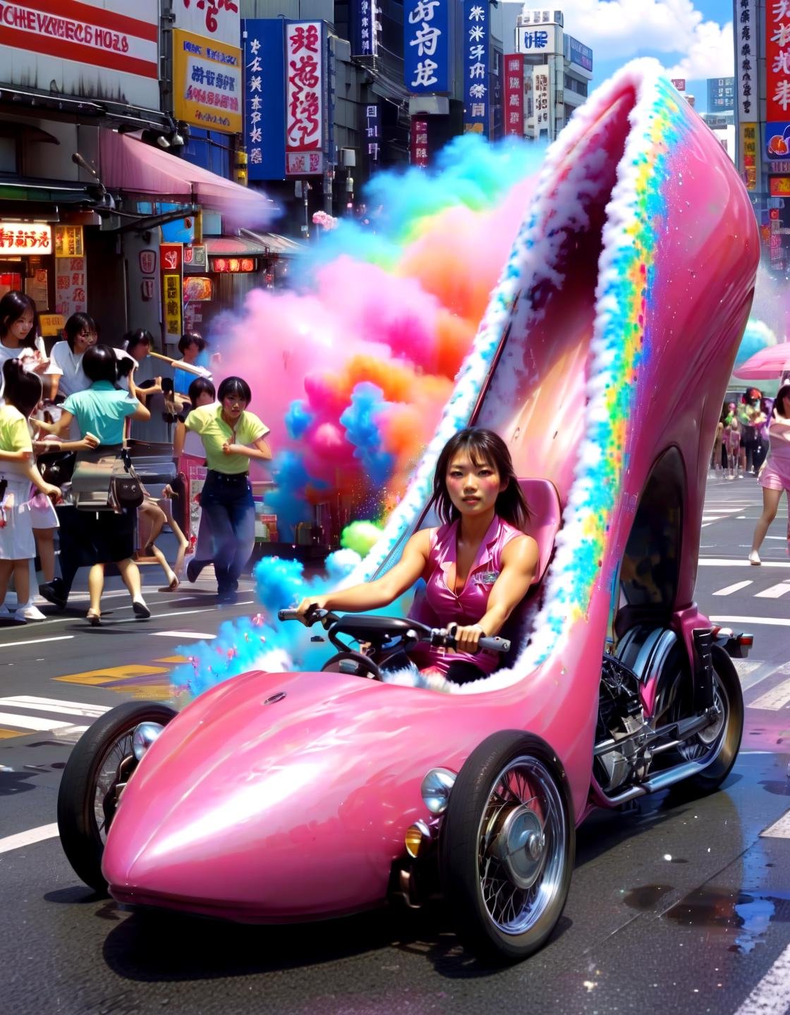 Action Films 1girl driving a hhc,car, in tokio, masterpice, 8k, candy cotton clouds, glitterbomb,,, Action Films, often for intense sequences, heroic characters, or adrenaline-fueled excitement.