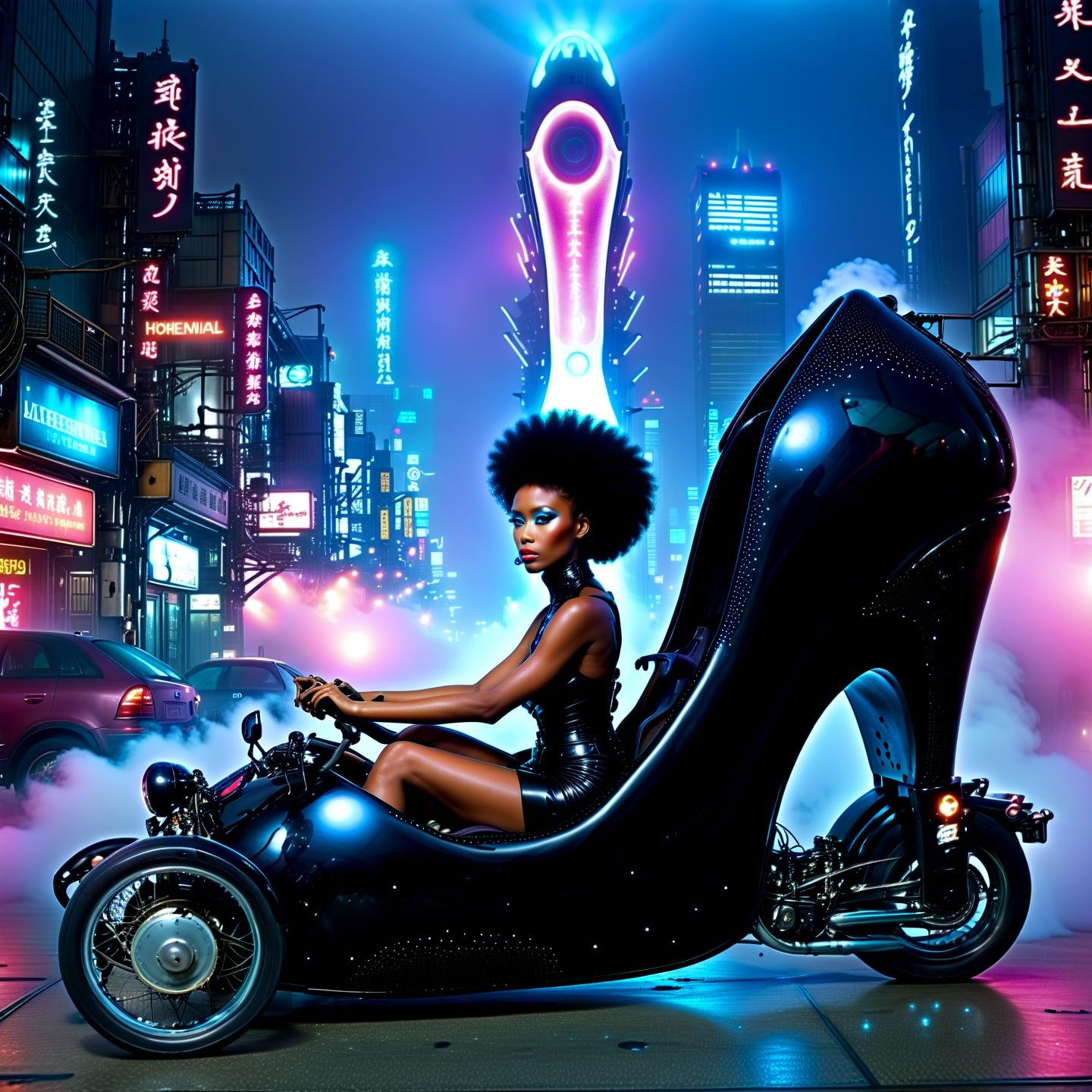 Haute Couture Fashion 1girl african driving a black biomechanical (hhc:1.15), sit inside, high heel, japanese cyberpunk city, masterpice, 8k, fog, glitterbomb, afro, neon lights,,, Haute Couture Fashion, often for custom-fitted clothing, luxurious materials, or high-end design.