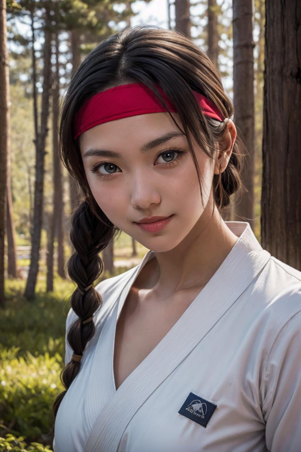 YuriSakazaki,  1girl,  white gi,  smirk,  headband,  braided hair,  at the show,  mountain,  pine tree,  portrait,  (best quality:1.2),  masterpiece,  perfect picture,  detailed eyes,  sharp focus,  , <lora:EMS-62019-EMS:1.000000>