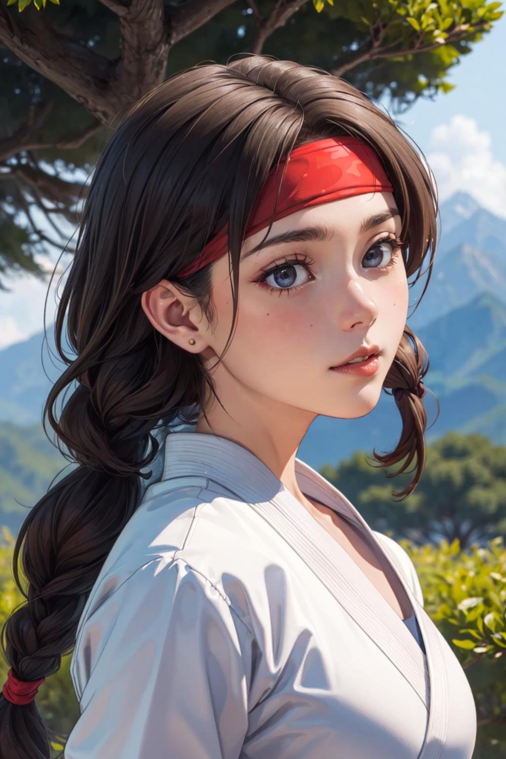 YuriSakazaki,  1girl,  white gi,  headband,  braided hair,  at the show,  mountain,  pine tree,  portrait,  (best quality:1.2),  masterpiece,  perfect picture,  detailed eyes,  sharp focus,  , <lora:EMS-62019-EMS:0.960000>