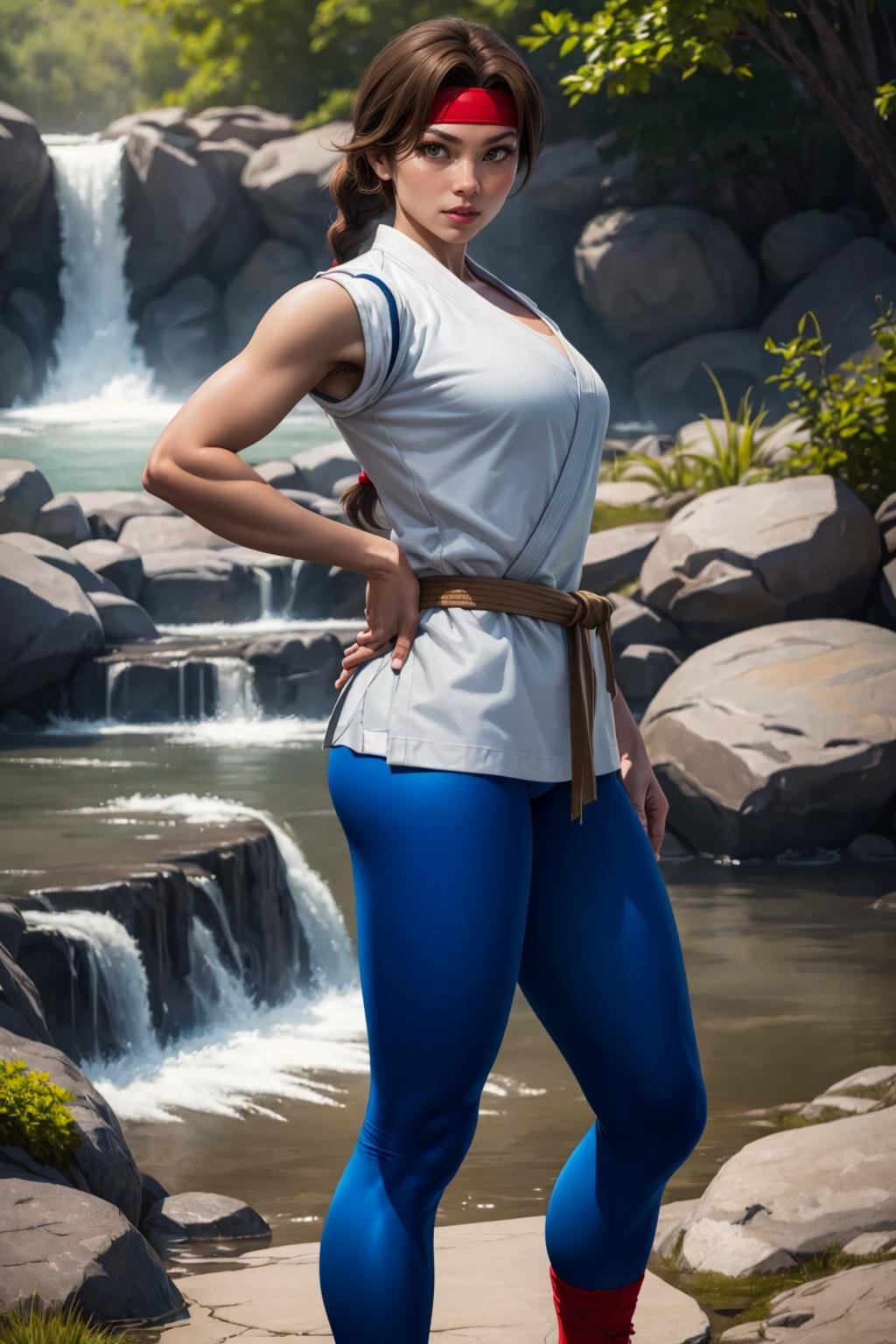 YuriSakazaki,  1girl,  white gi,  leggings,  stash,  hands on hips,  red sneakers,  socks,  braided hair,  at the waterfall,  medium shot,  (best quality:1.2),  masterpiece,  perfect picture,  detailed eyes,  sharp focus,  , <lora:EMS-62019-EMS:1.000000>