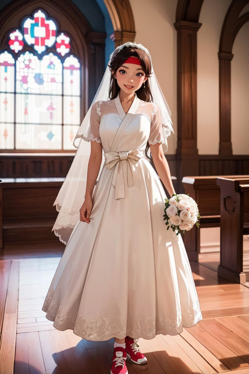 YuriSakazaki,  1girl,  (((dressed as bride,  bride dress,  long dress))) smiling,  headband,  sneakers,  socks,  at the church,  (best quality:1.2),  masterpiece,  perfect picture,  detailed eyes,  sharp focus,  , <lora:EMS-62019-EMS:1.000000>