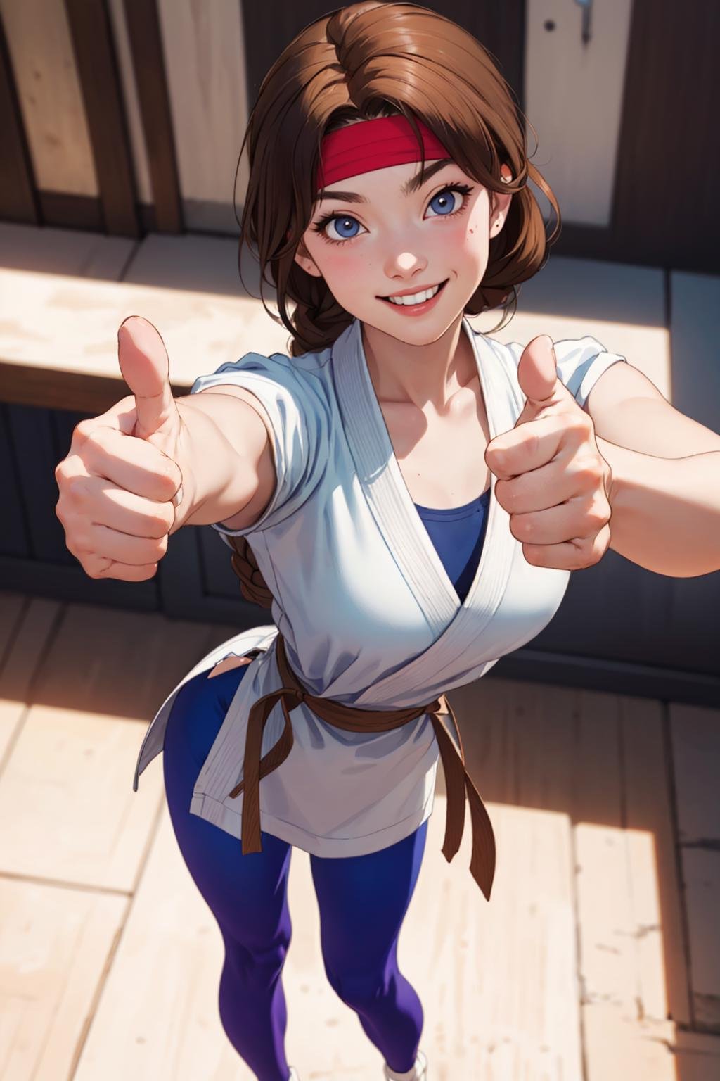 YuriSakazaki,  1girl,  young woman,  smiling,  wink,  white gi,  braided hair,  leggings,  stash,  view from above,  thumbs up,  medium shot,  (best quality:1.2),  masterpiece,  perfect picture,  detailed eyes,  sharp focus,  , realhands, <lora:EMS-62019-EMS:1.000000>, , <lora:EMS-43802-EMS:0.300000>