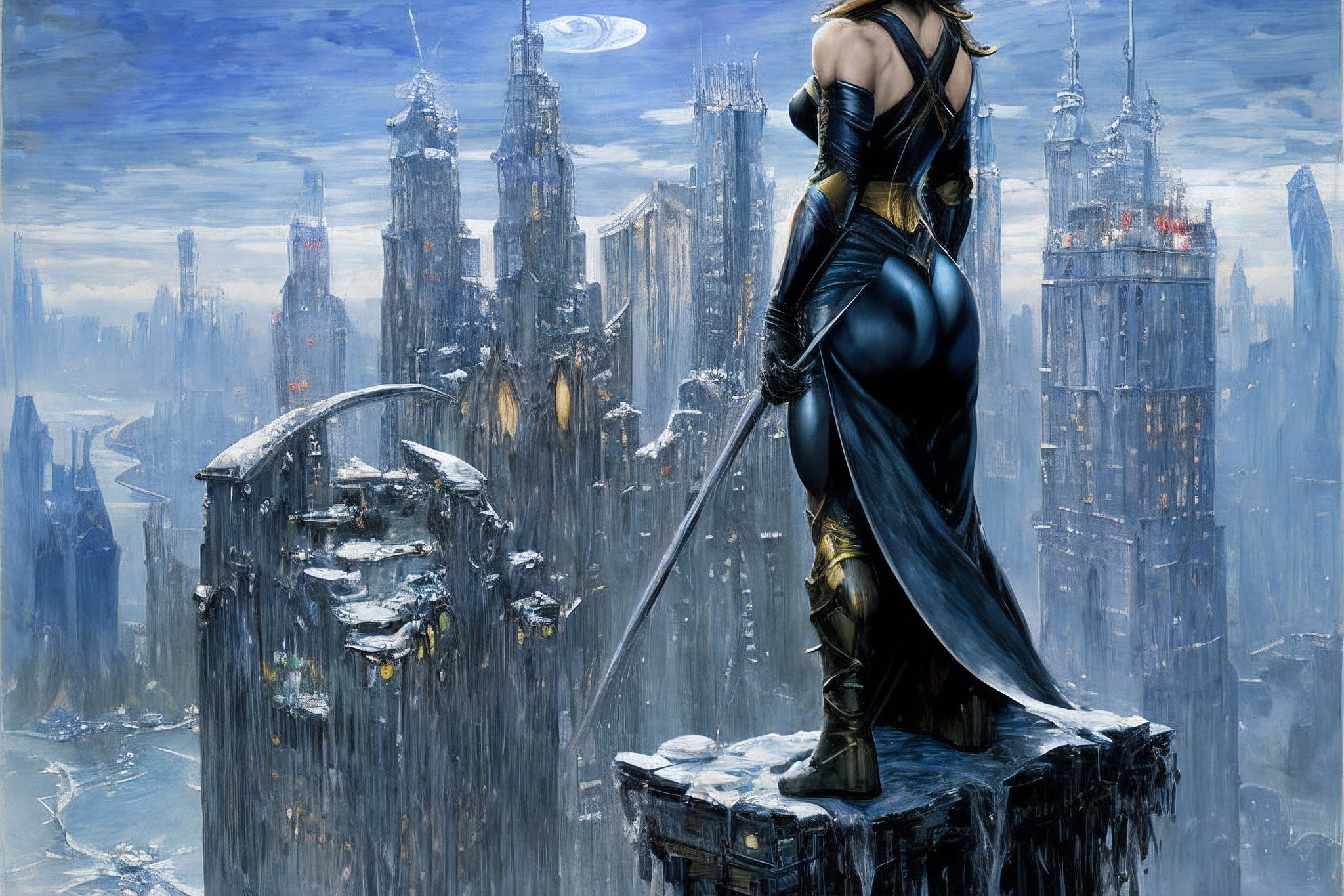 olivia wilde as Batman, Gotham City's Dark Knight, perched on top of a skyscraper, ((Olivia Wilde)) surveying the city below with steely cold waterfalls, by Viktor Vasnetsov, concept art, fantasy cityscape, ancient Russian architecture, painted by Ivan Shishkin, hyperborea, high resolution, huge factories, trending on artstation, sks woman
