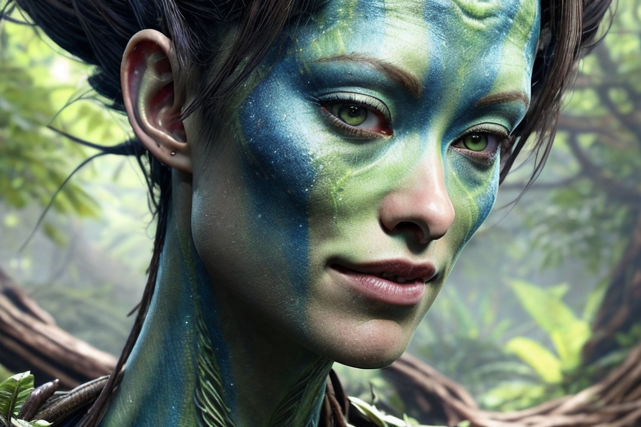 ((olivia wilde)) as actress to pose as Neytiri, a human-Na'vi hybrid living in Pandora, surrounded by lush greenery and towering alien trees. trending on Artstation, 8k, masterpiece, by Greg Rutkowski, Ross Tran, WLOP, Andrei  wilde as actress to pose as Neytiri, a human-Na'vi hybrid living in Pandora, surrounded by lush greenery and towering alien trees. atmospheric lighting, stunning, brave. Eagle girl. By Makoto Shinkai, Stanley Artgerm Lau, WLOP, Rossdraws, James Jean, Andrei Riabovitchev, Marc Simonetti, krenz cushart, Sakimichan, D&D trending on ArtStation, digital ,Detailedface