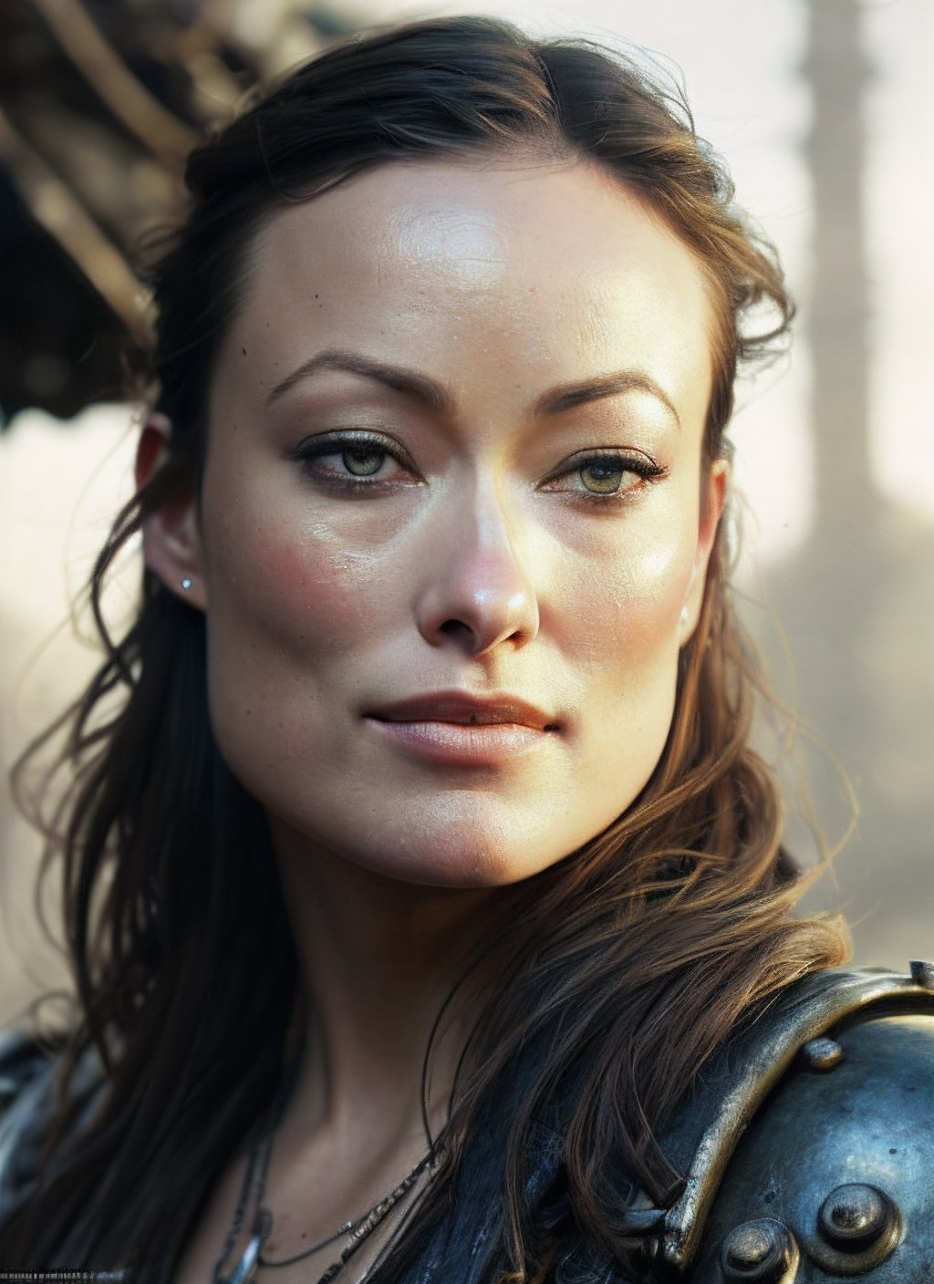 close up portrait RAW photo of Olivia Wilde, inspired by fallout, Mad Max and Waterworld, ,absurdres, detailed face, post apocalyptic atmosphere in 1930', an sks woman in rugged power armor holding a rifle with both hands, ((junkyard)), (debris), ((trash)), ((junk)), (((cars))) fill up the streets, rust, corrosion, sense of scale, sublime beauty of the grandiose environment, epic, cinematic composition, volumetric lighting, defined lines, blurred background, saturated colors, strong bloom, ((photorealistic)) panorama by Ed Blinkey, Atey Ghailan, by Jeremy Mann, Greg Manchess, Antonio Moro, Intricate, High Detail, Sharp focus, dramatic, by greg rutkowski, realism, beautiful and detailed lighting, shadows, by Jeremy Lipking, by Antonio J. Manzanedo, by Frederic Remington, by HW Hansen, by Charles Marion Russell, by William Herbert Dunton